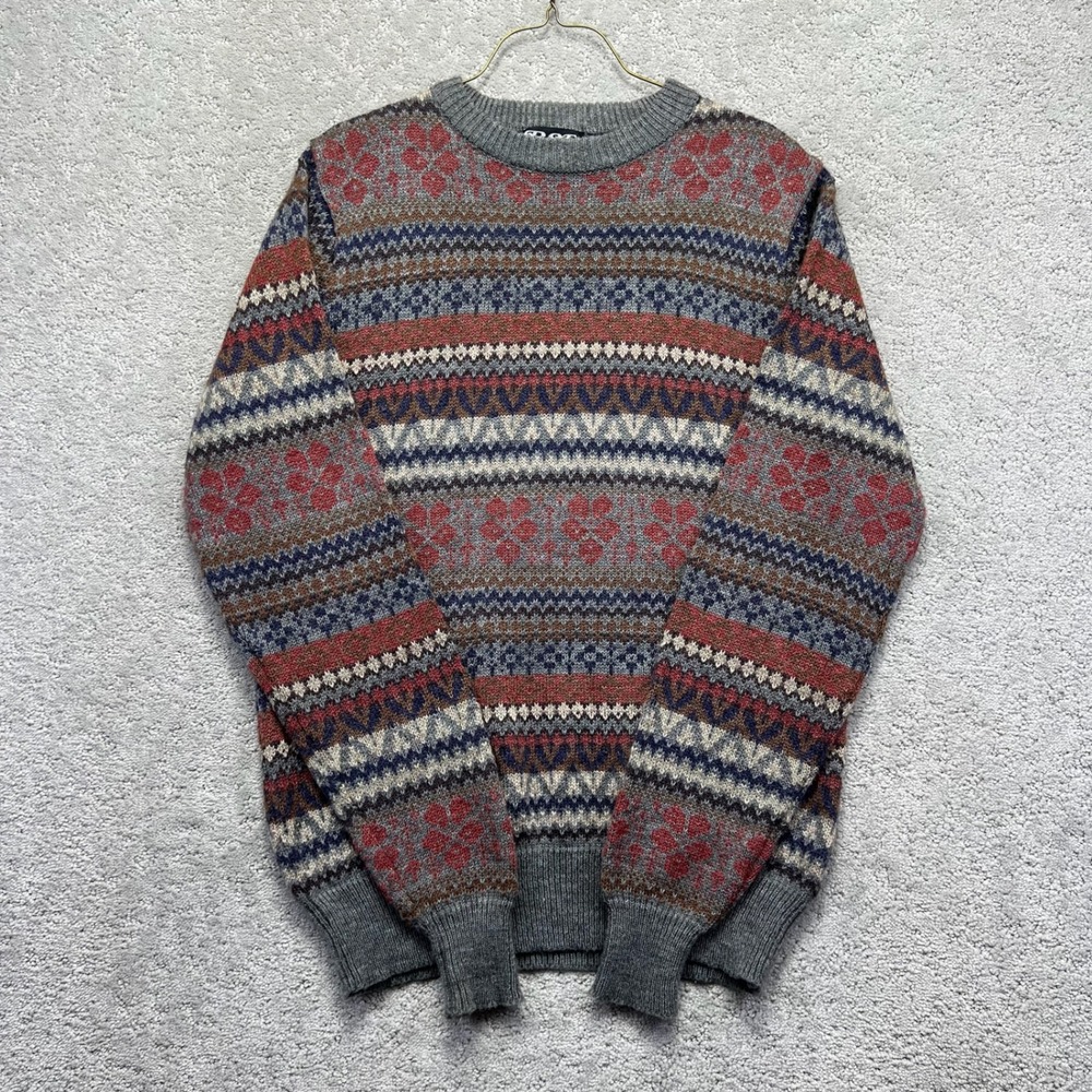 VINTAGE‎ BSF Collection Sweater Mens XL Gray Red Nordic Geometric Fair Isle Knit